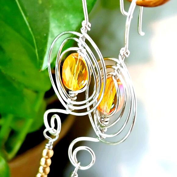 Boho Style Beaded Dangle Earrings, Wire Wrapped Glass, OOAK Statement Chic - Picture 5 of 9